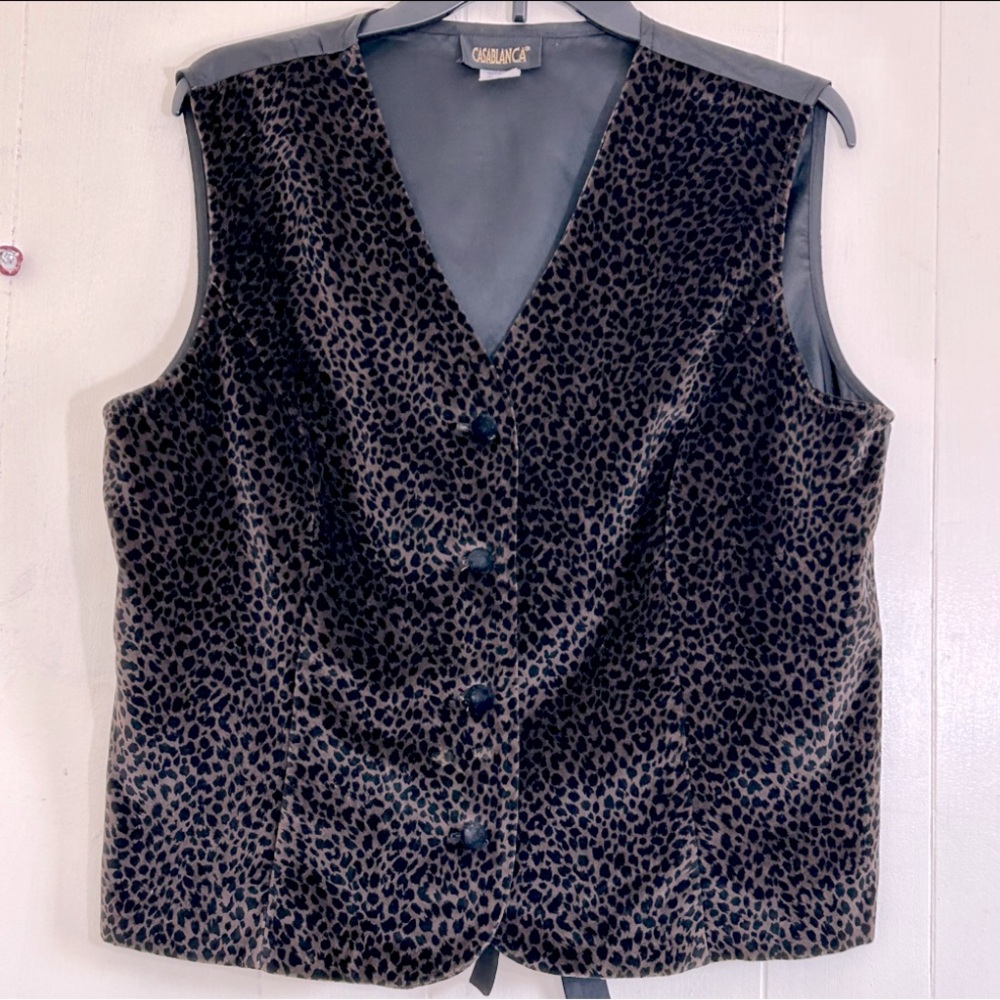 CASA BLANCA Y2K Retro Coastal Black Brown Velvet Animal Print Vest Size 16.
